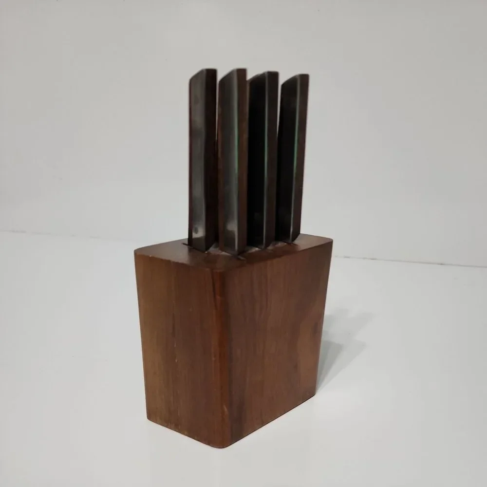 6 PC‎ 1970 VERNCO MID CENTURY MCM KNIFE SET KNIVES TEAK HANDLES IN BUTCHER BLOCK